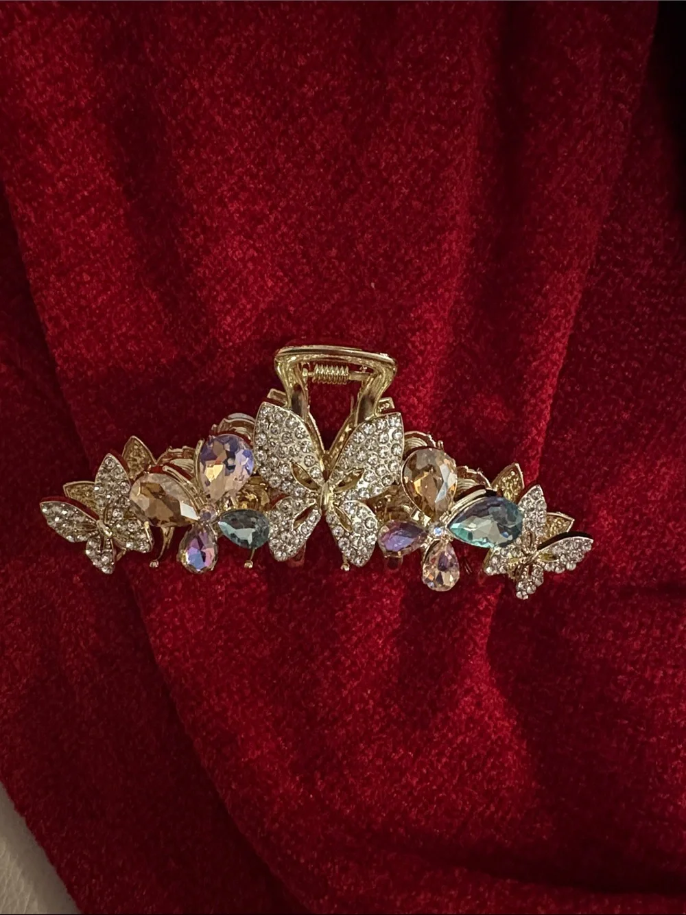 Gold Crystal Butterfly Hair Clip - Multicolor Rhinestone Accent